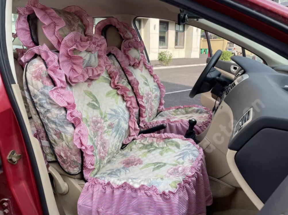 Luxury Jacquard Girly Bud Silk Seat Cushion Floral Safest Lace Countryside Custom Automobile Car Seat Cover Sets - Pink Green