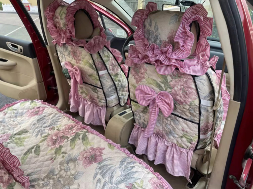 Luxury Jacquard Girly Bud Silk Seat Cushion Floral Safest Lace Countryside Custom Automobile Car Seat Cover Sets - Pink Green