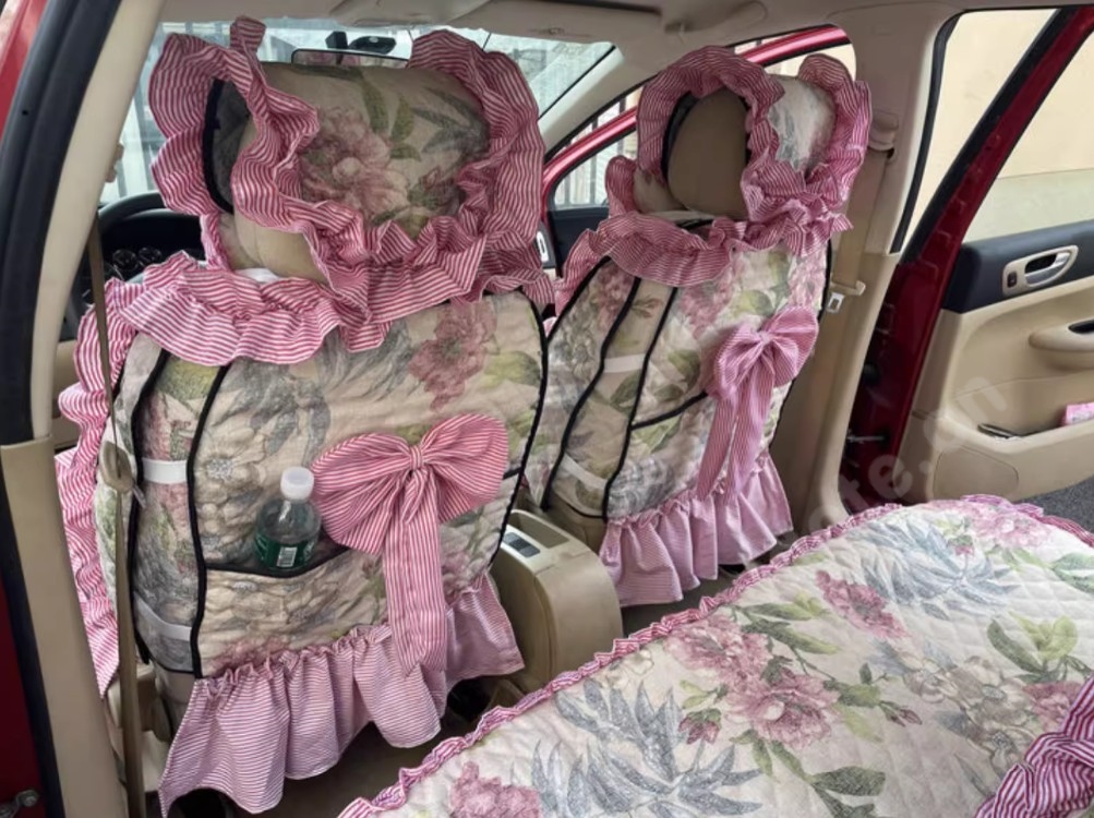 Luxury Jacquard Girly Bud Silk Seat Cushion Floral Safest Lace Countryside Custom Automobile Car Seat Cover Sets - Pink Green