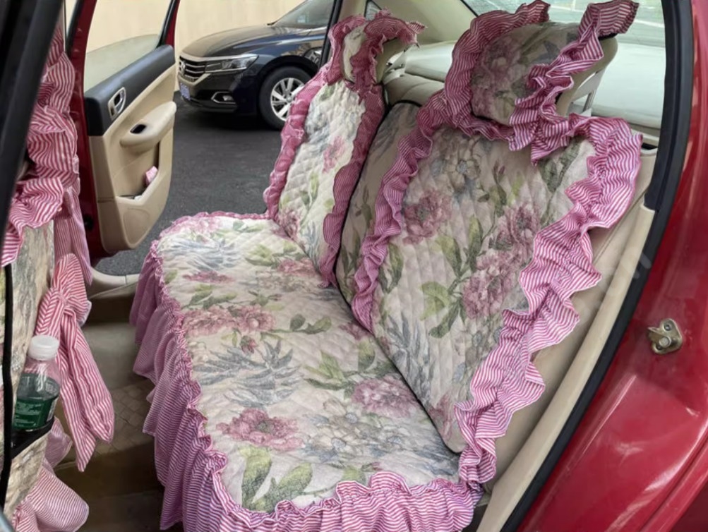 Luxury Jacquard Girly Bud Silk Seat Cushion Floral Safest Lace Countryside Custom Automobile Car Seat Cover Sets - Pink Green