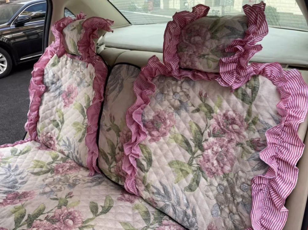 Luxury Jacquard Girly Bud Silk Seat Cushion Floral Safest Lace Countryside Custom Automobile Car Seat Cover Sets - Pink Green