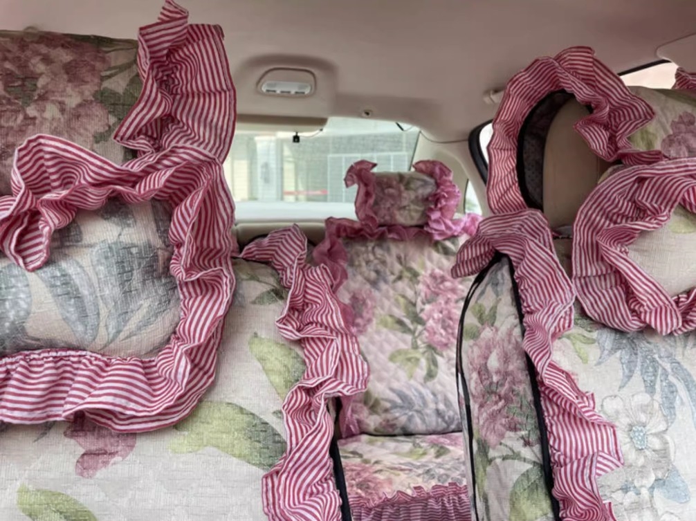 Luxury Jacquard Girly Bud Silk Seat Cushion Floral Safest Lace Countryside Custom Automobile Car Seat Cover Sets - Pink Green