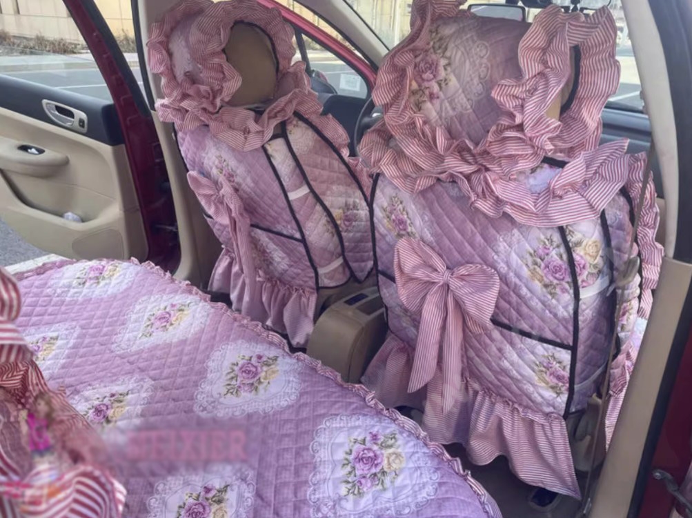 Luxury Jacquard Girly Bud Silk Seat Cushion Floral Safest Lace Countryside Custom Automobile Car Seat Cover Sets - Pink Pink