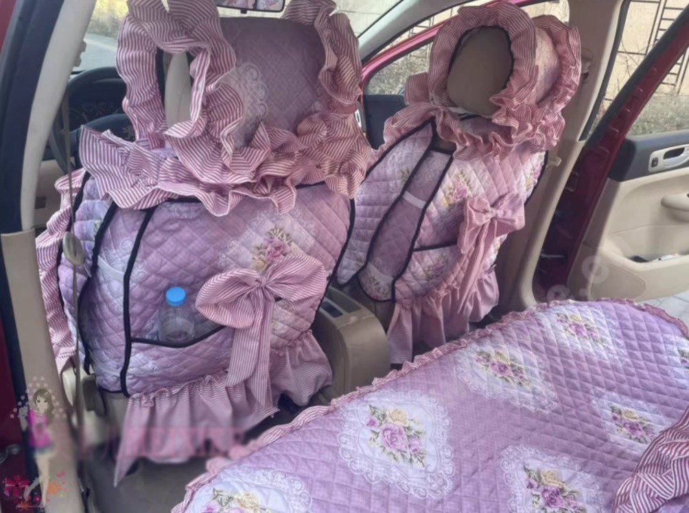 Luxury Jacquard Girly Bud Silk Seat Cushion Floral Safest Lace Countryside Custom Automobile Car Seat Cover Sets - Pink Pink