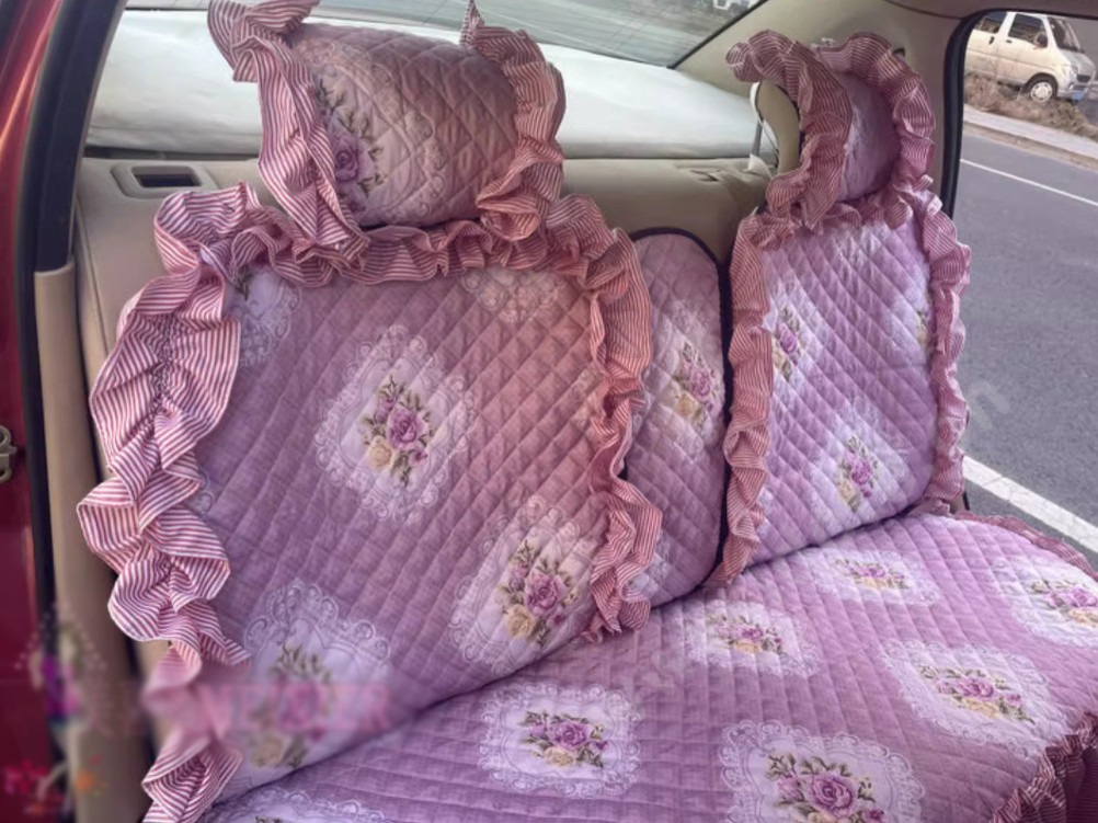 Luxury Jacquard Girly Bud Silk Seat Cushion Floral Safest Lace Countryside Custom Automobile Car Seat Cover Sets - Pink Pink