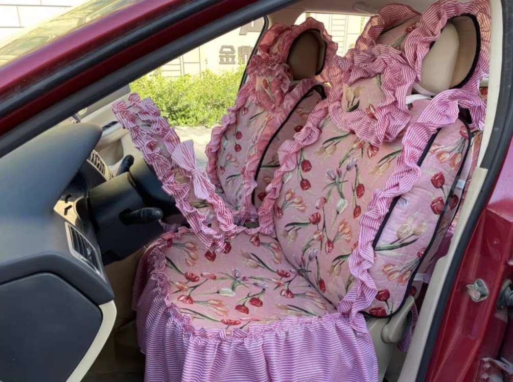 Luxury Jacquard Girly Bud Silk Seat Cushion Floral Safest Lace Countryside Custom Automobile Car Seat Cover Sets - Pink Red