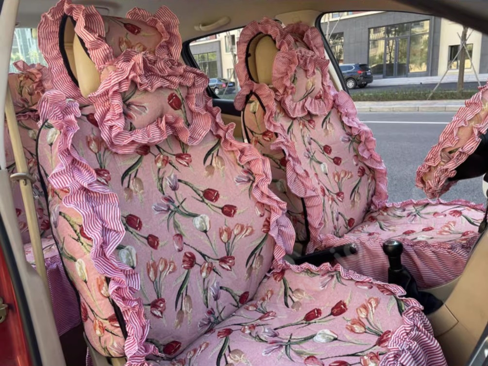 Luxury Jacquard Girly Bud Silk Seat Cushion Floral Safest Lace Countryside Custom Automobile Car Seat Cover Sets - Pink Red