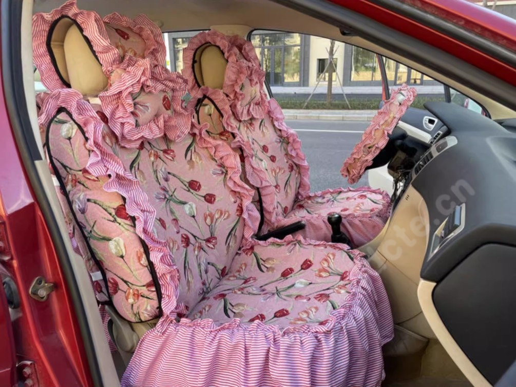 Luxury Jacquard Girly Bud Silk Seat Cushion Floral Safest Lace Countryside Custom Automobile Car Seat Cover Sets - Pink Red