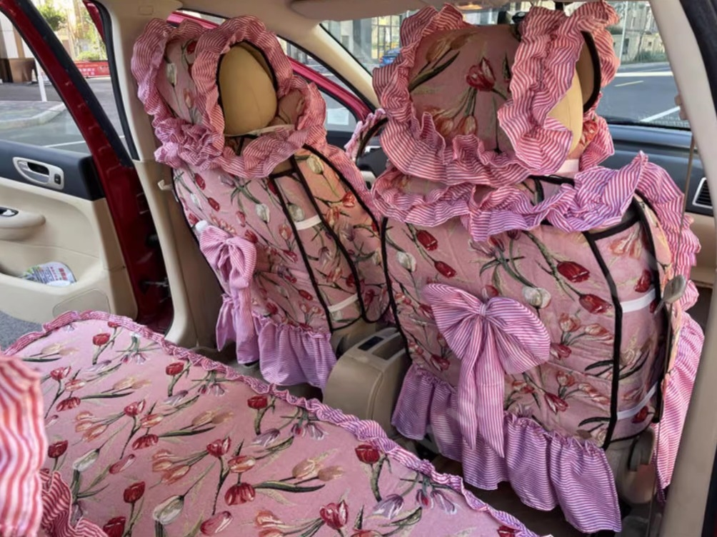 Luxury Jacquard Girly Bud Silk Seat Cushion Floral Safest Lace Countryside Custom Automobile Car Seat Cover Sets - Pink Red
