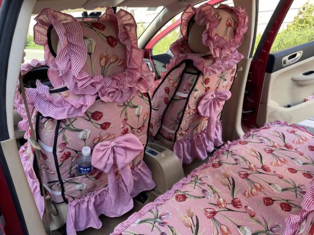 Luxury Jacquard Girly Bud Silk Seat Cushion Floral Safest Lace Countryside Custom Automobile Car Seat Cover Sets - Pink Red