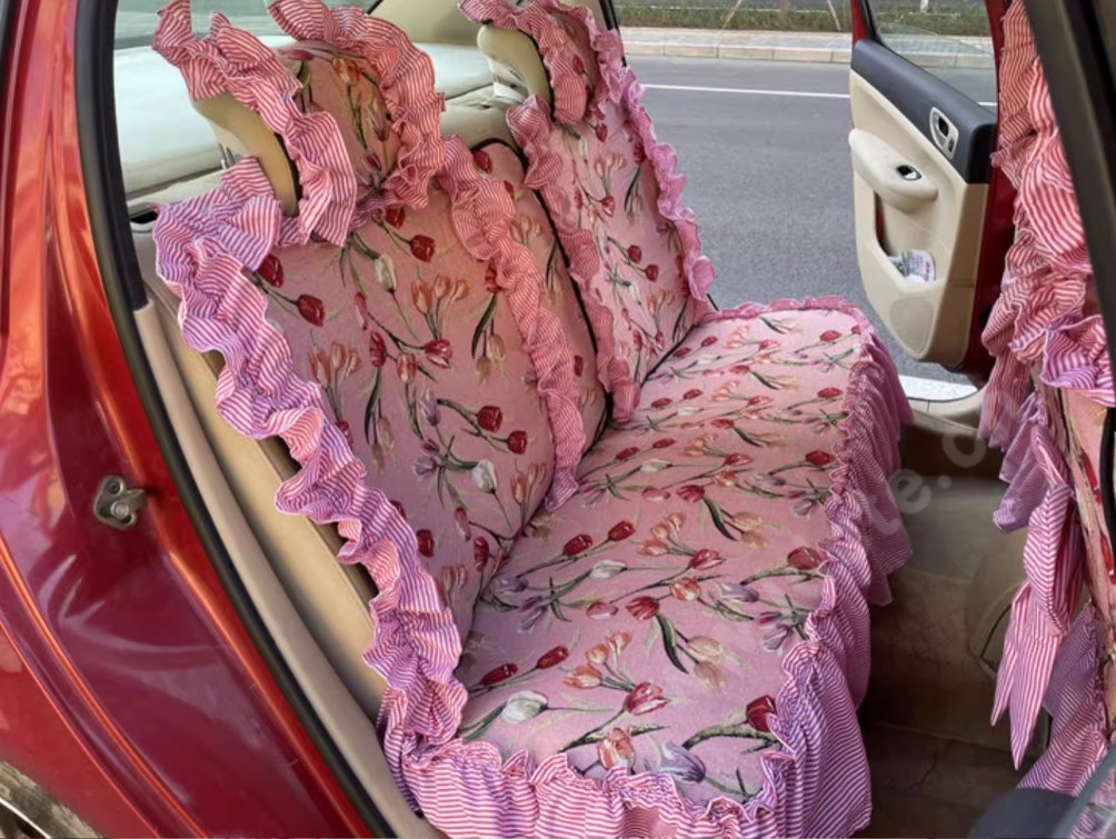 Luxury Jacquard Girly Bud Silk Seat Cushion Floral Safest Lace Countryside Custom Automobile Car Seat Cover Sets - Pink Red