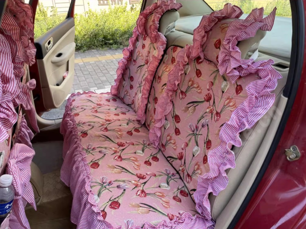 Luxury Jacquard Girly Bud Silk Seat Cushion Floral Safest Lace Countryside Custom Automobile Car Seat Cover Sets - Pink Red