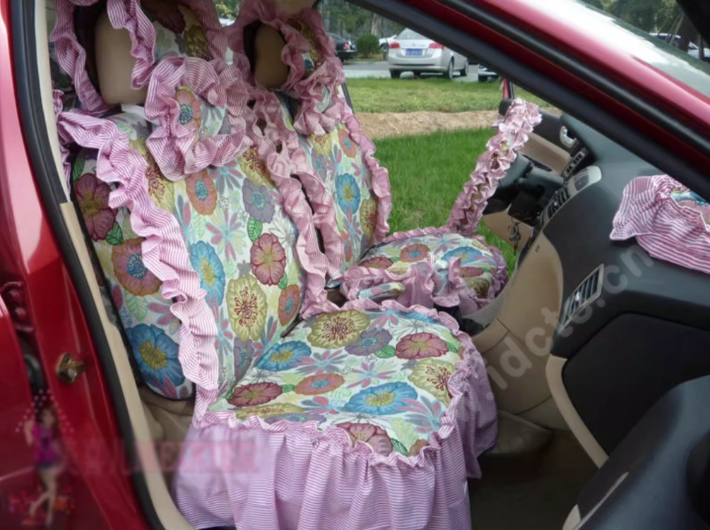 Luxury Jacquard Girly Bud Silk Seat Cushion Floral Safest Lace Countryside Custom Automobile Car Seat Cover Sets - Pink
