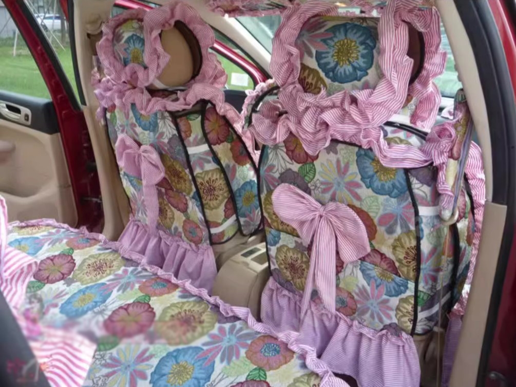 Luxury Jacquard Girly Bud Silk Seat Cushion Floral Safest Lace Countryside Custom Automobile Car Seat Cover Sets - Pink