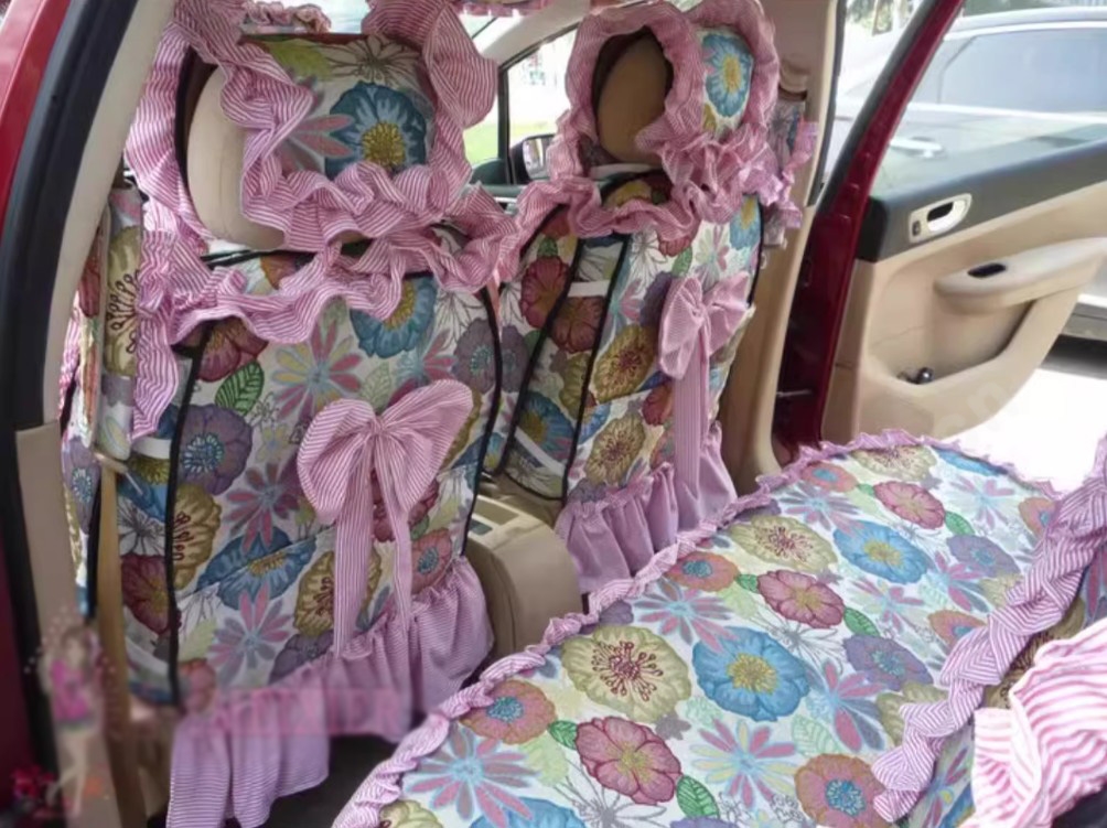 Luxury Jacquard Girly Bud Silk Seat Cushion Floral Safest Lace Countryside Custom Automobile Car Seat Cover Sets - Pink