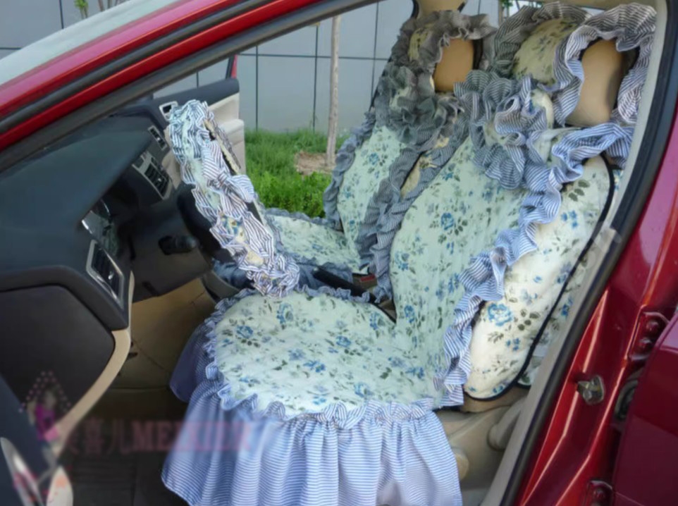 Luxury Jacquard Girly Bud Silk Seat Cushion Floral Safest Lace Countryside Custom Automobile Car Seat Cover Sets - White Blue