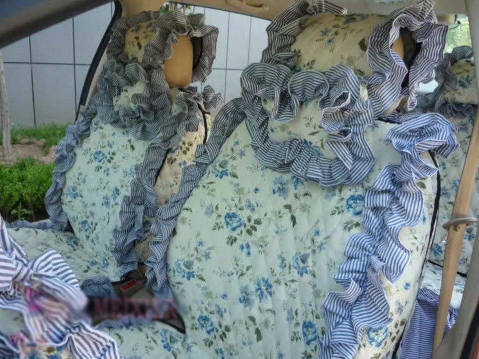 Luxury Jacquard Girly Bud Silk Seat Cushion Floral Safest Lace Countryside Custom Automobile Car Seat Cover Sets - White Blue