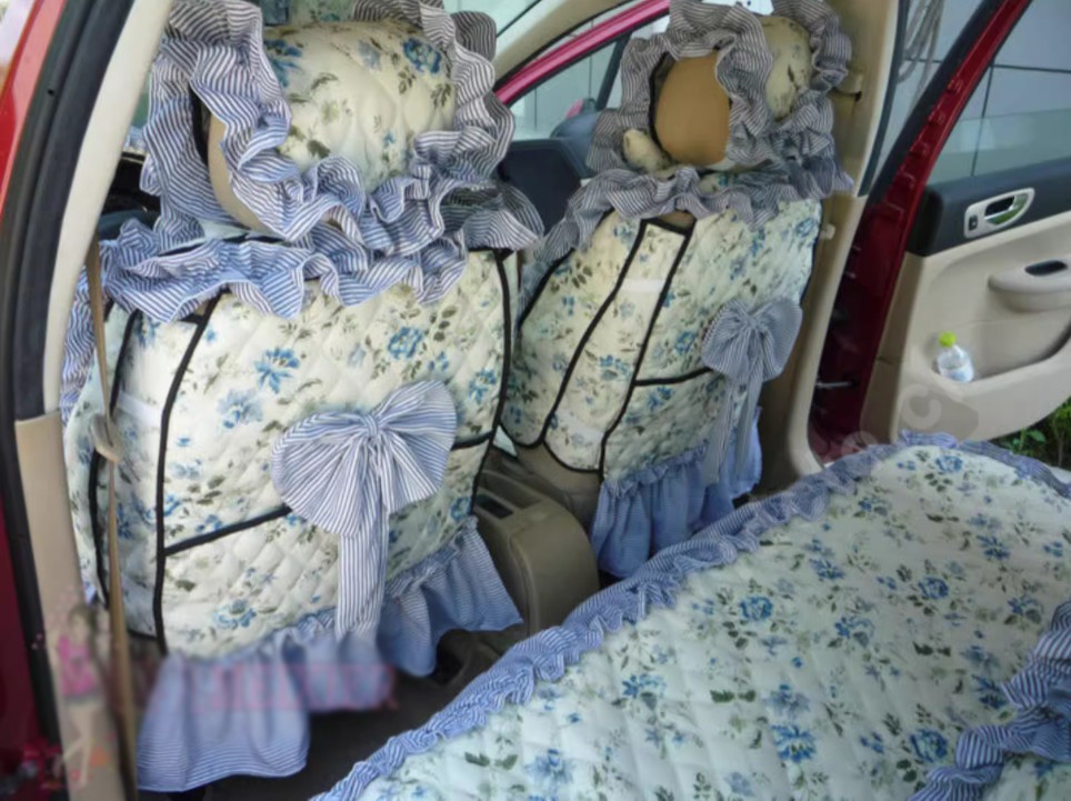 Luxury Jacquard Girly Bud Silk Seat Cushion Floral Safest Lace Countryside Custom Automobile Car Seat Cover Sets - White Blue