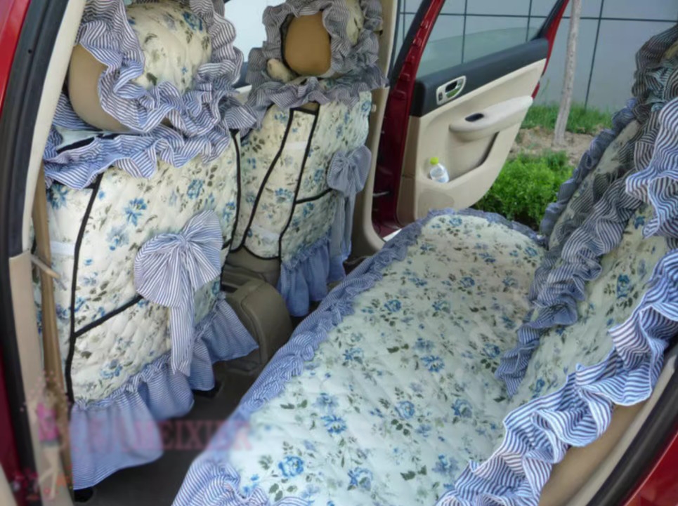 Luxury Jacquard Girly Bud Silk Seat Cushion Floral Safest Lace Countryside Custom Automobile Car Seat Cover Sets - White Blue