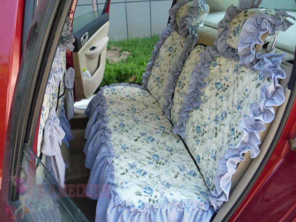 Luxury Jacquard Girly Bud Silk Seat Cushion Floral Safest Lace Countryside Custom Automobile Car Seat Cover Sets - White Blue