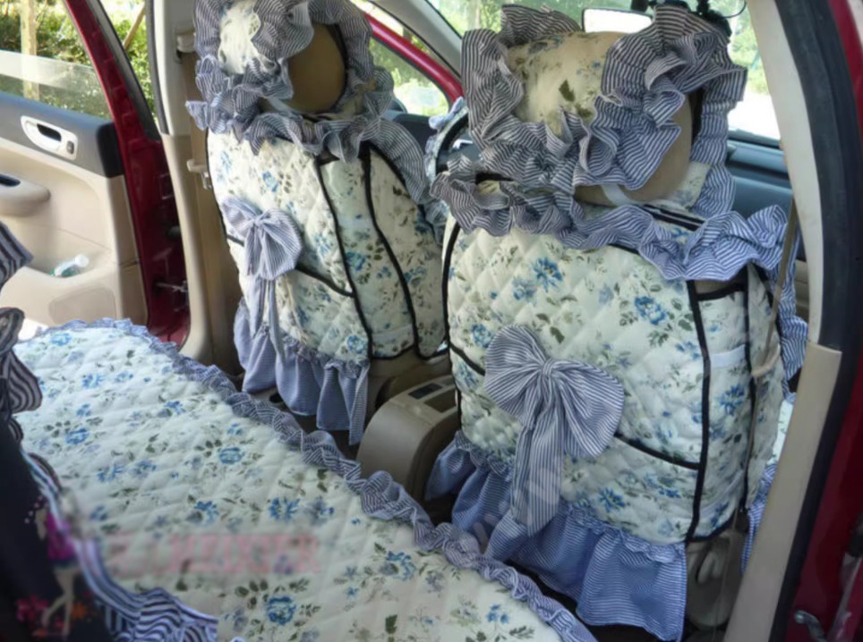 Luxury Jacquard Girly Bud Silk Seat Cushion Floral Safest Lace Countryside Custom Automobile Car Seat Cover Sets - White Blue
