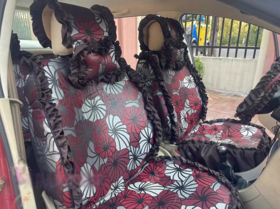 Luxury Jacquard Girly Bud Silk Seat Cushion Floral Safest Lace Countryside Customize Automotive Car Seat Cover Sets - Black Red