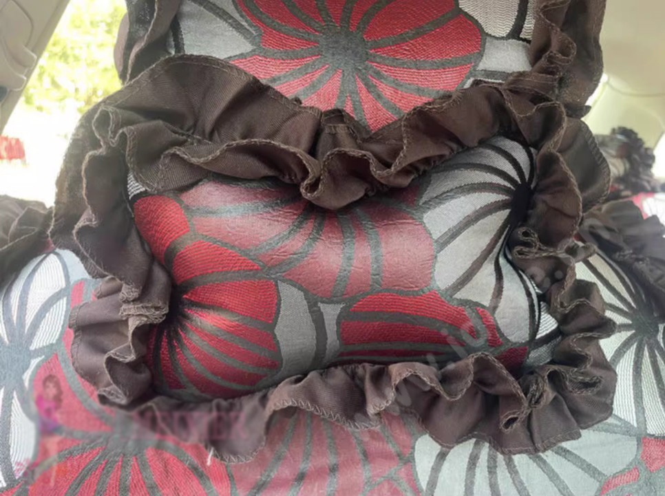 Luxury Jacquard Girly Bud Silk Seat Cushion Floral Safest Lace Countryside Customize Automotive Car Seat Cover Sets - Black Red