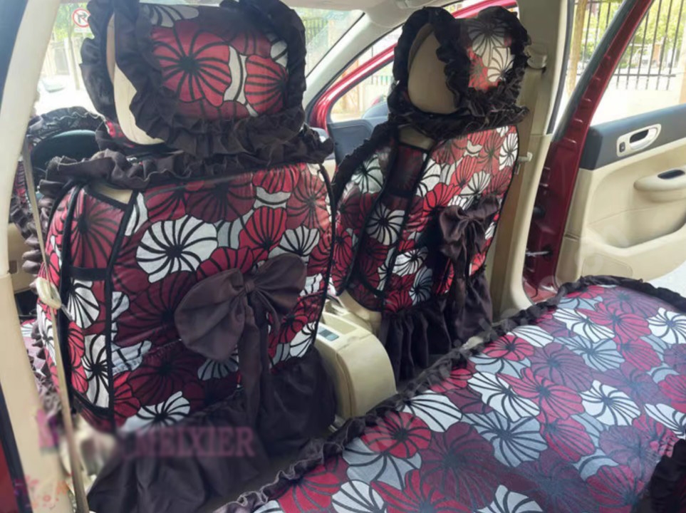 Luxury Jacquard Girly Bud Silk Seat Cushion Floral Safest Lace Countryside Customize Automotive Car Seat Cover Sets - Black Red