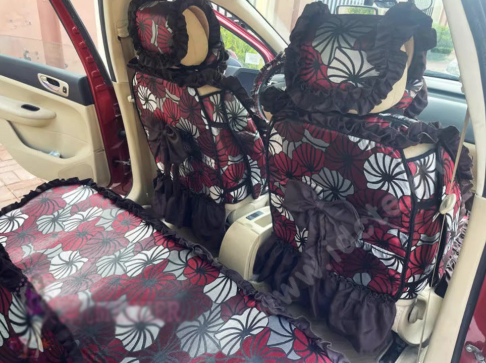 Luxury Jacquard Girly Bud Silk Seat Cushion Floral Safest Lace Countryside Customize Automotive Car Seat Cover Sets - Black Red