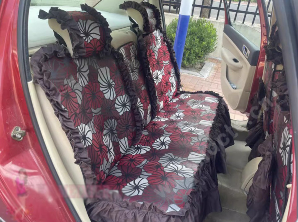 Luxury Jacquard Girly Bud Silk Seat Cushion Floral Safest Lace Countryside Customize Automotive Car Seat Cover Sets - Black Red