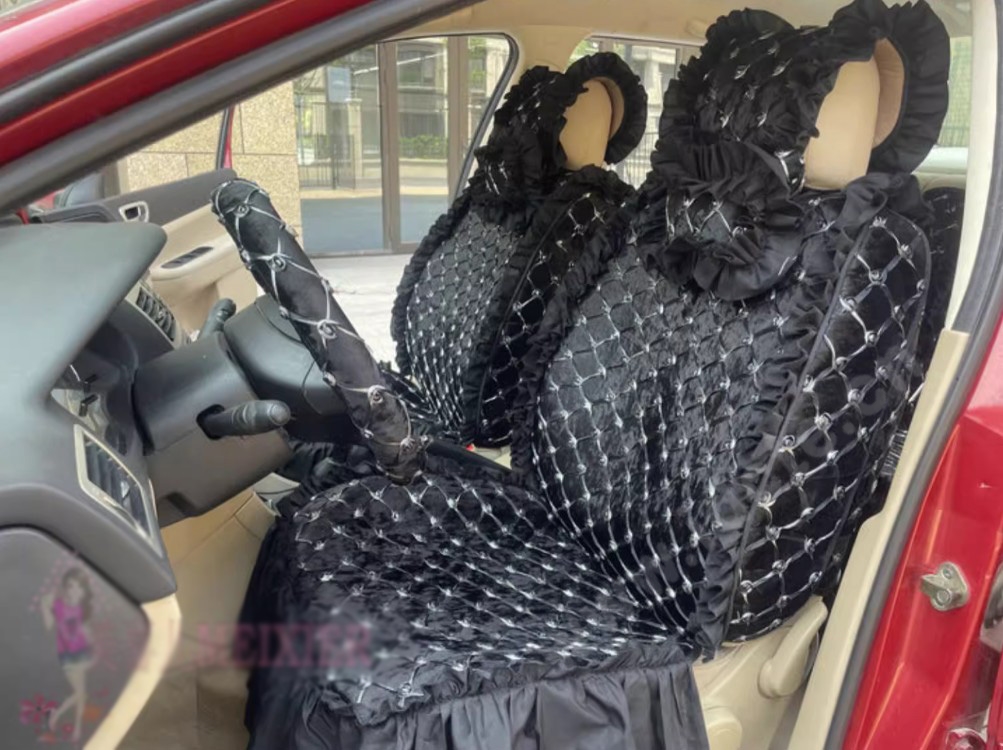 Luxury Jacquard Girly Bud Silk Seat Cushion Floral Safest Lace Countryside Customize Automotive Car Seat Cover Sets - Black