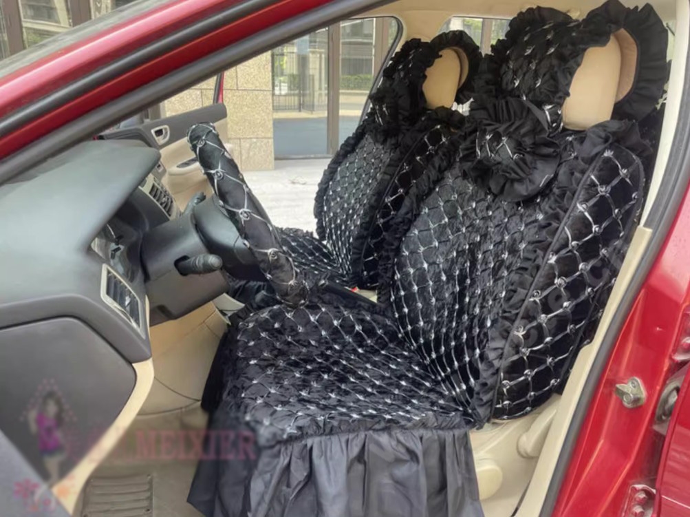 Luxury Jacquard Girly Bud Silk Seat Cushion Floral Safest Lace Countryside Customize Automotive Car Seat Cover Sets - Black