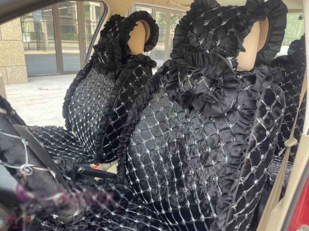 Luxury Jacquard Girly Bud Silk Seat Cushion Floral Safest Lace Countryside Customize Automotive Car Seat Cover Sets - Black