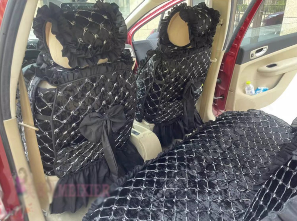 Luxury Jacquard Girly Bud Silk Seat Cushion Floral Safest Lace Countryside Customize Automotive Car Seat Cover Sets - Black