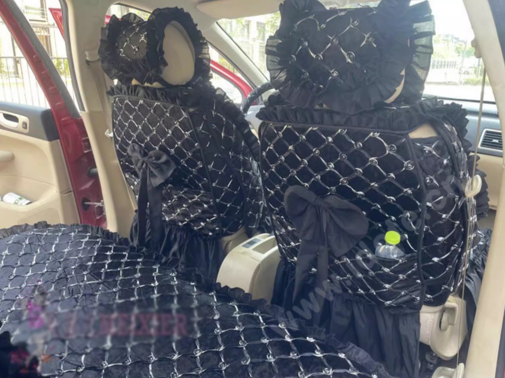 Luxury Jacquard Girly Bud Silk Seat Cushion Floral Safest Lace Countryside Customize Automotive Car Seat Cover Sets - Black