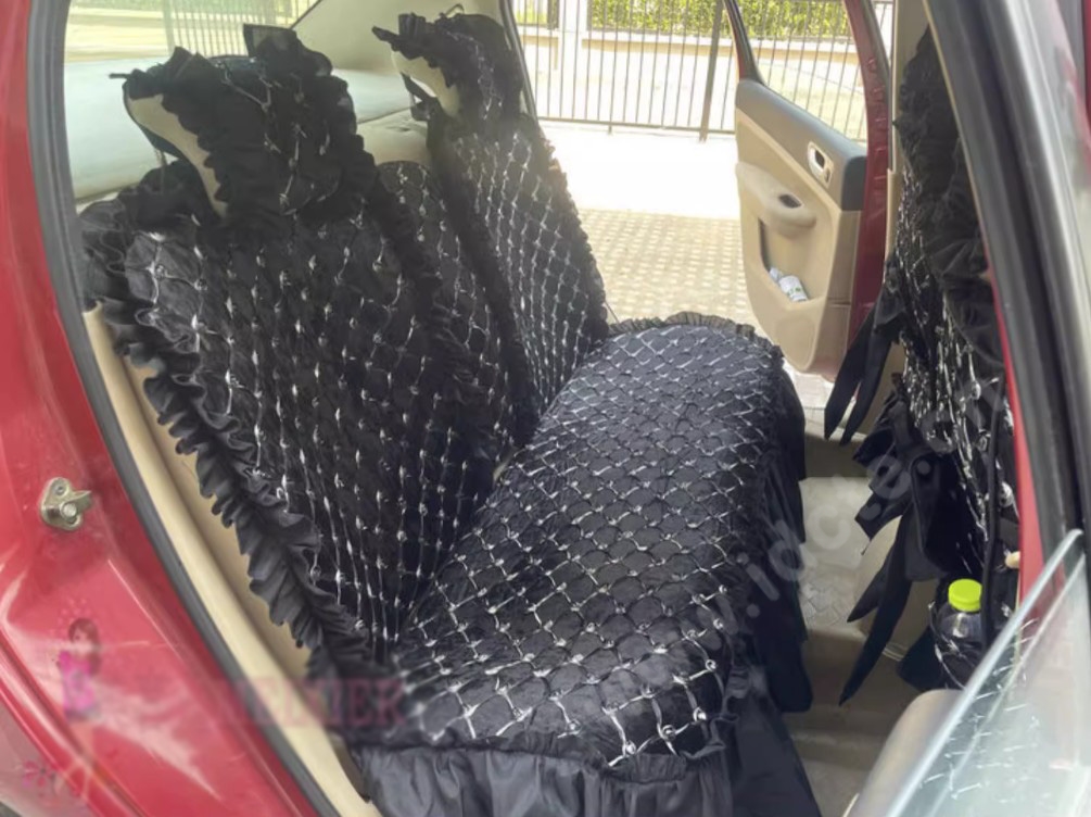 Luxury Jacquard Girly Bud Silk Seat Cushion Floral Safest Lace Countryside Customize Automotive Car Seat Cover Sets - Black