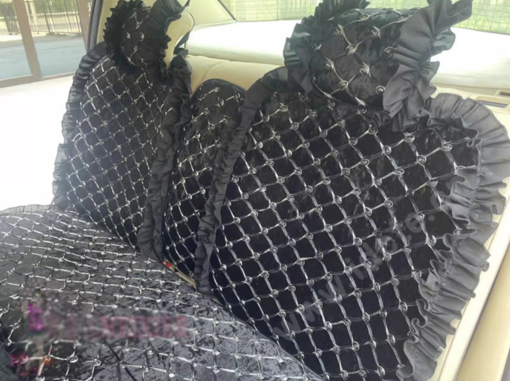 Luxury Jacquard Girly Bud Silk Seat Cushion Floral Safest Lace Countryside Customize Automotive Car Seat Cover Sets - Black