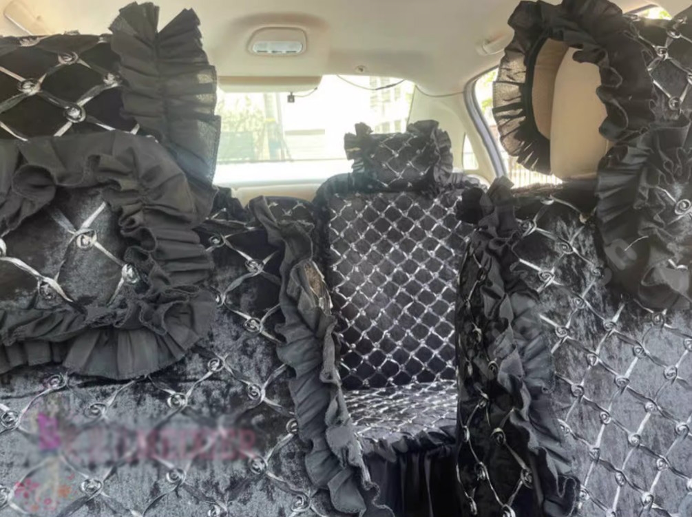 Luxury Jacquard Girly Bud Silk Seat Cushion Floral Safest Lace Countryside Customize Automotive Car Seat Cover Sets - Black