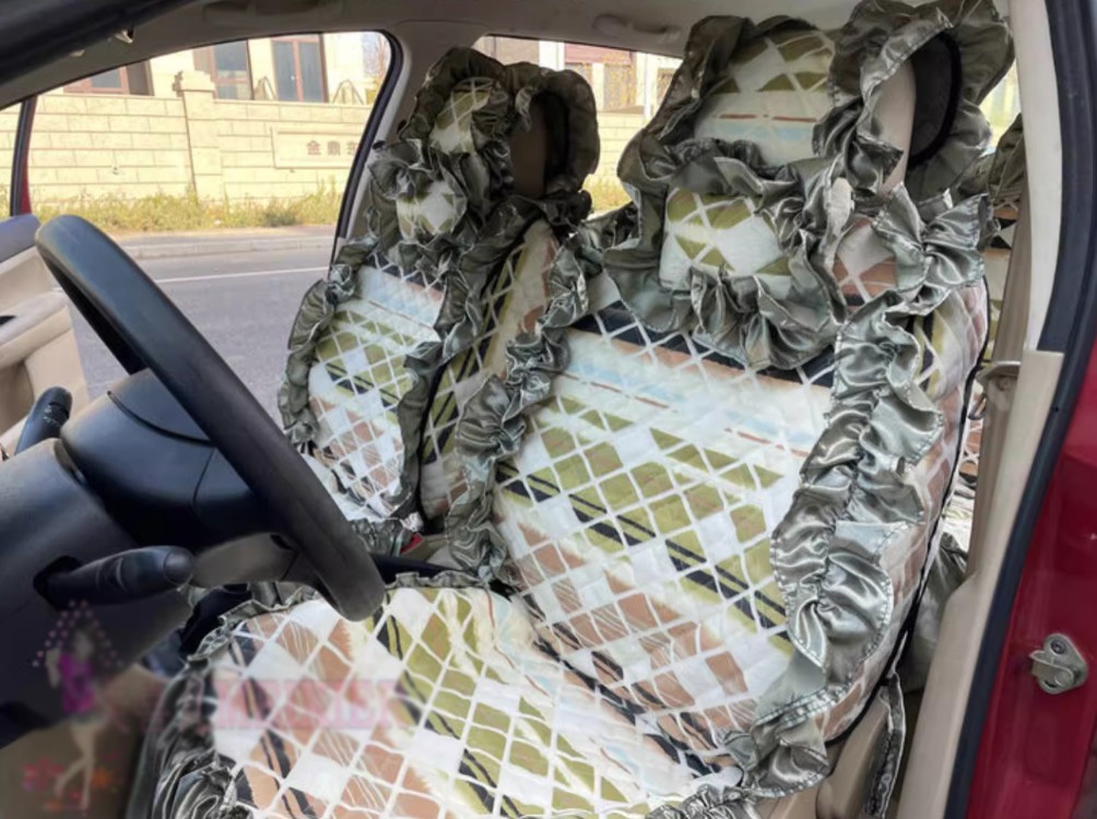 Luxury Jacquard Girly Bud Silk Seat Cushion Floral Safest Lace Countryside Customize Automotive Car Seat Cover Sets - Cyan