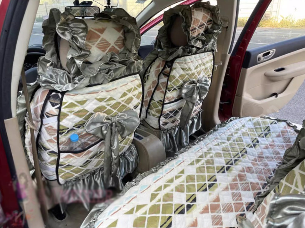 Luxury Jacquard Girly Bud Silk Seat Cushion Floral Safest Lace Countryside Customize Automotive Car Seat Cover Sets - Cyan