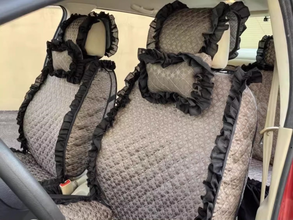 Luxury Jacquard Girly Bud Silk Seat Cushion Floral Safest Lace Countryside Customize Automotive Car Seat Cover Sets - Gold Black