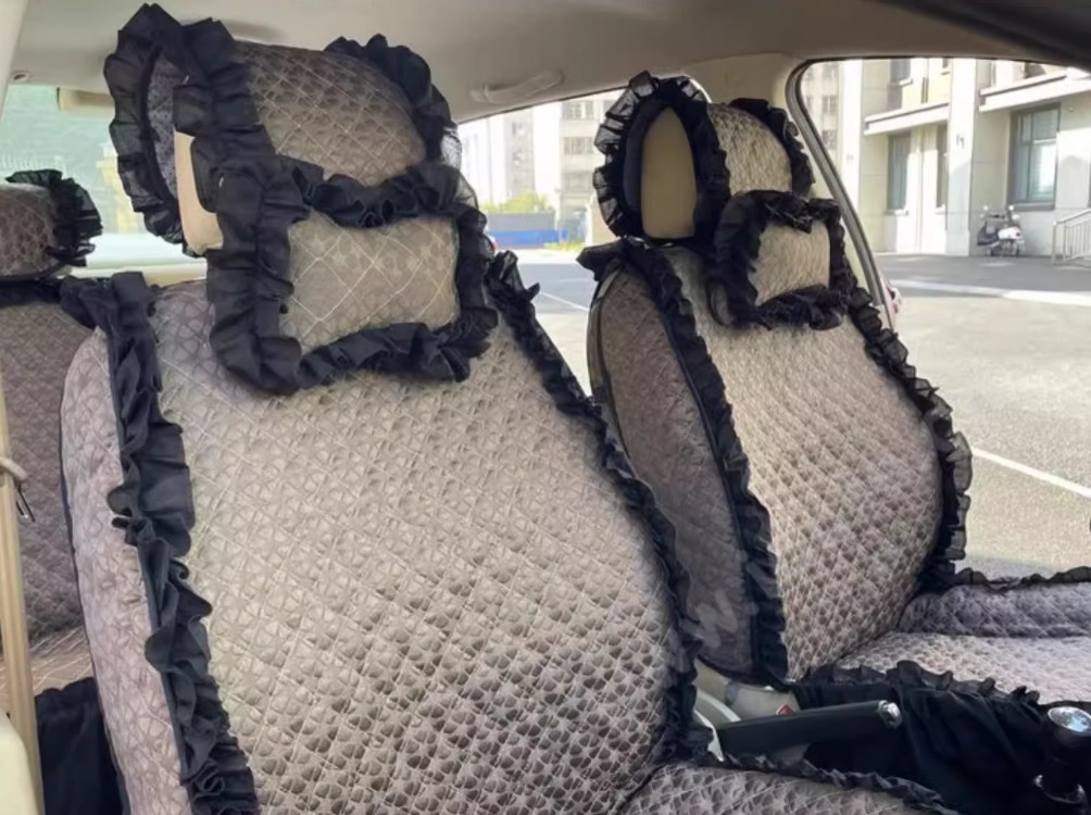 Luxury Jacquard Girly Bud Silk Seat Cushion Floral Safest Lace Countryside Customize Automotive Car Seat Cover Sets - Gold Black