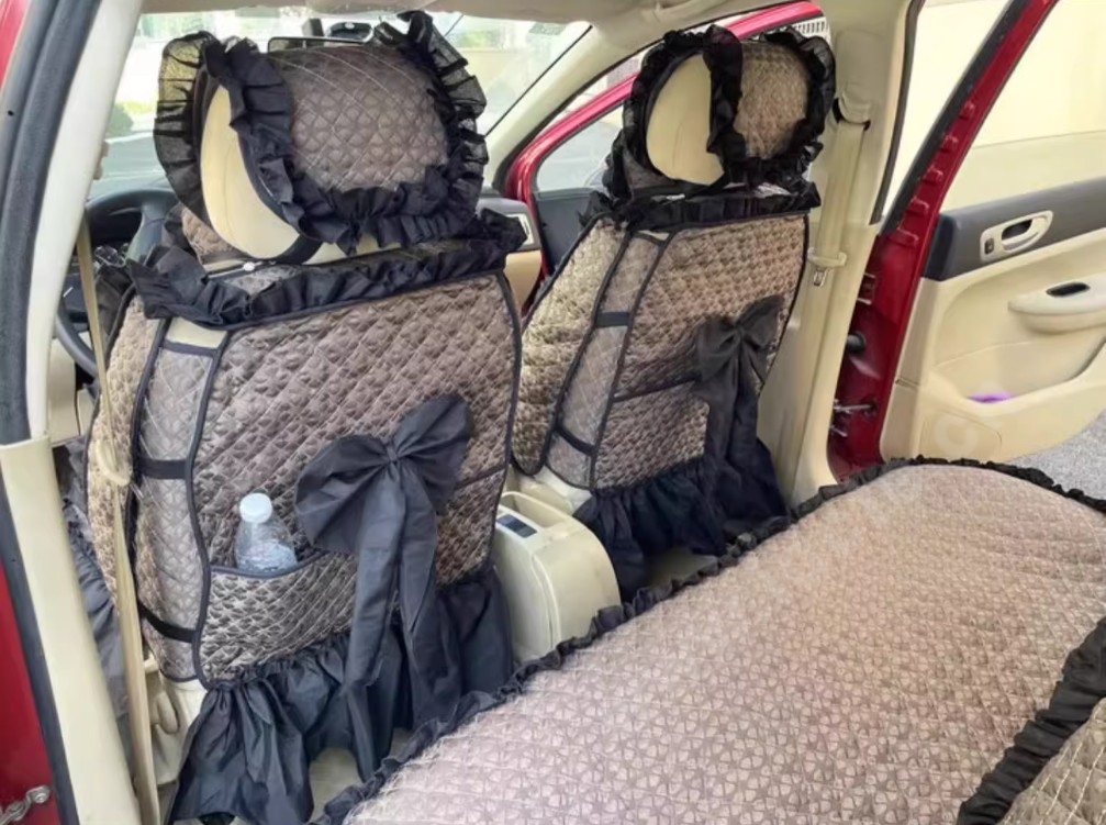 Luxury Jacquard Girly Bud Silk Seat Cushion Floral Safest Lace Countryside Customize Automotive Car Seat Cover Sets - Gold Black