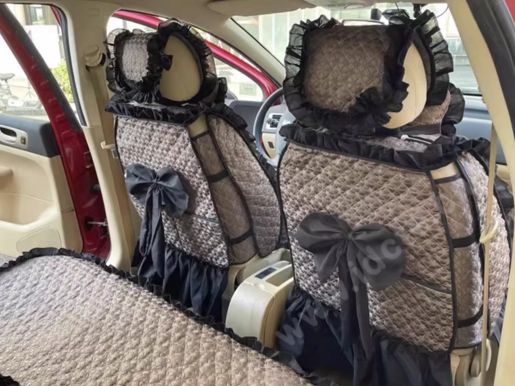 Luxury Jacquard Girly Bud Silk Seat Cushion Floral Safest Lace Countryside Customize Automotive Car Seat Cover Sets - Gold Black