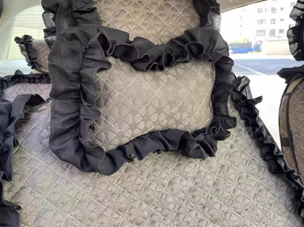 Luxury Jacquard Girly Bud Silk Seat Cushion Floral Safest Lace Countryside Customize Automotive Car Seat Cover Sets - Gold Black