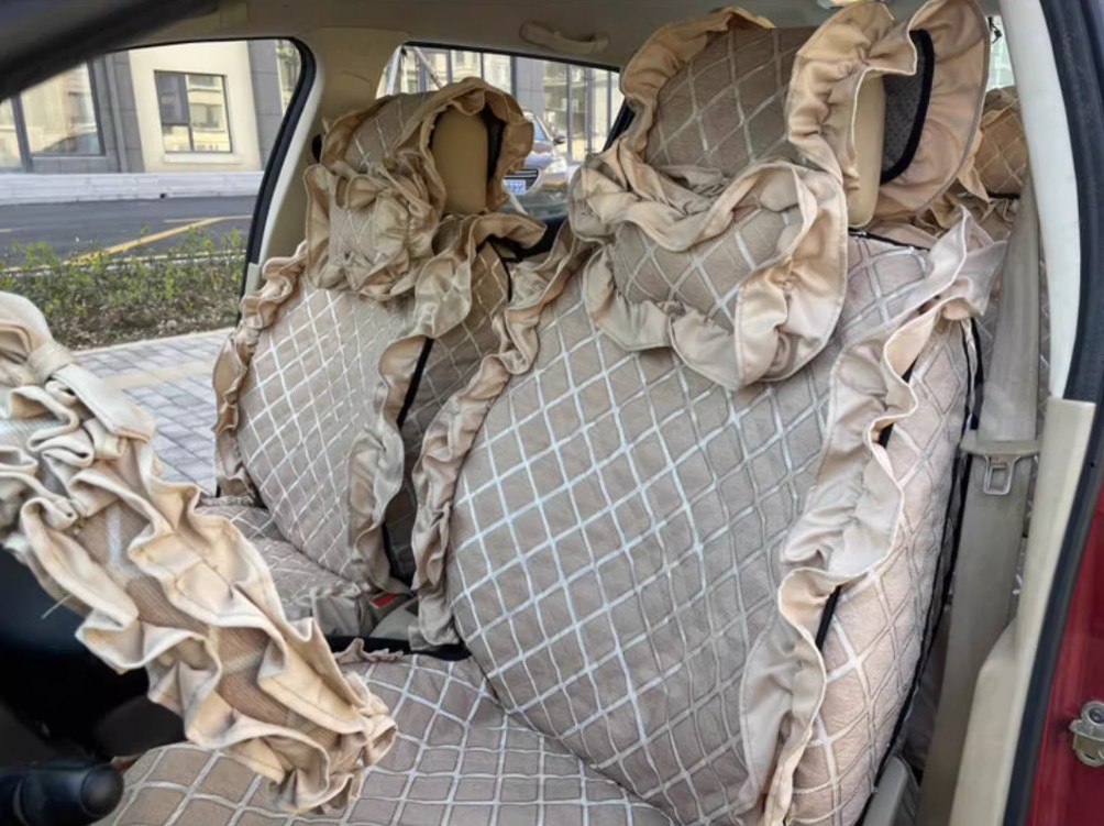 Luxury Jacquard Girly Bud Silk Seat Cushion Floral Safest Lace Countryside Customize Automotive Car Seat Cover Sets - Gold