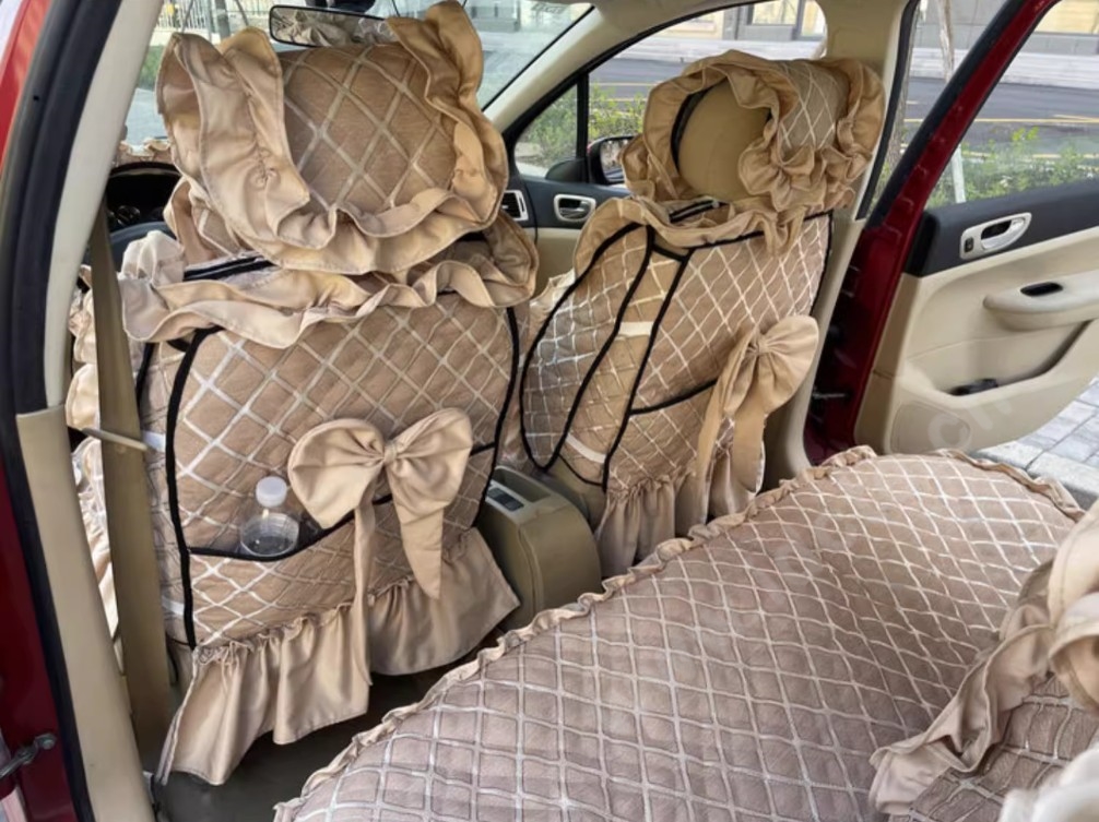 Luxury Jacquard Girly Bud Silk Seat Cushion Floral Safest Lace Countryside Customize Automotive Car Seat Cover Sets - Gold