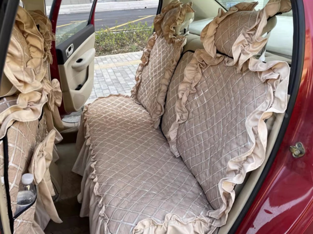 Luxury Jacquard Girly Bud Silk Seat Cushion Floral Safest Lace Countryside Customize Automotive Car Seat Cover Sets - Gold