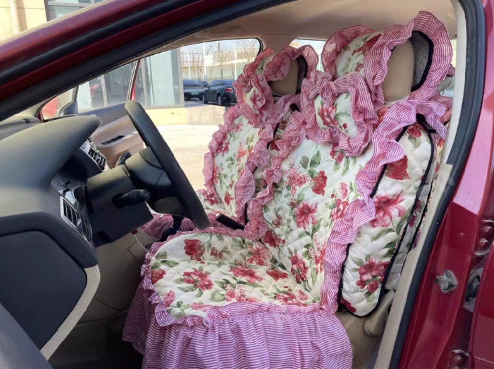 Luxury Jacquard Girly Bud Silk Seat Cushion Floral Safest Lace Countryside Customize Automotive Car Seat Cover Sets - Pink Red