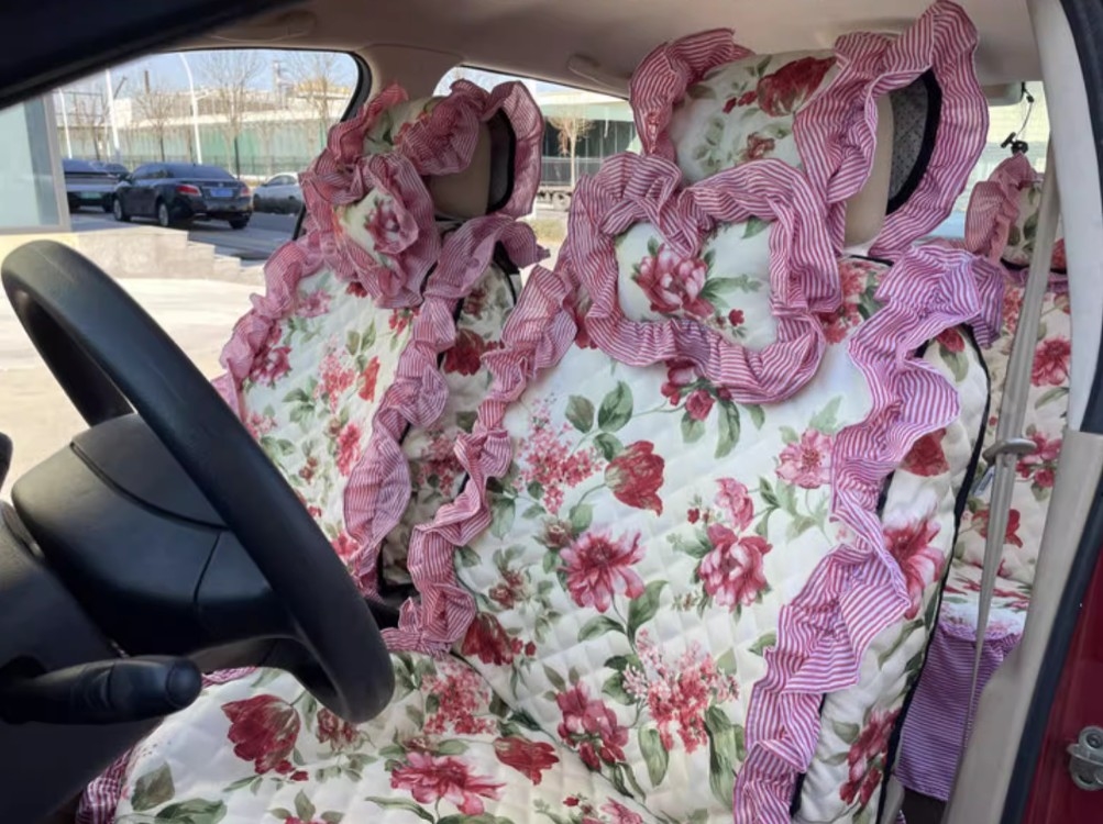 Luxury Jacquard Girly Bud Silk Seat Cushion Floral Safest Lace Countryside Customize Automotive Car Seat Cover Sets - Pink Red